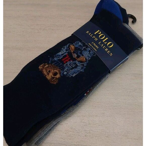 Polo Ralph Lauren Mens Crew Socks Signature Polo Bear Navy Blue Gray Sz 10-13 - Picture 3 of 8